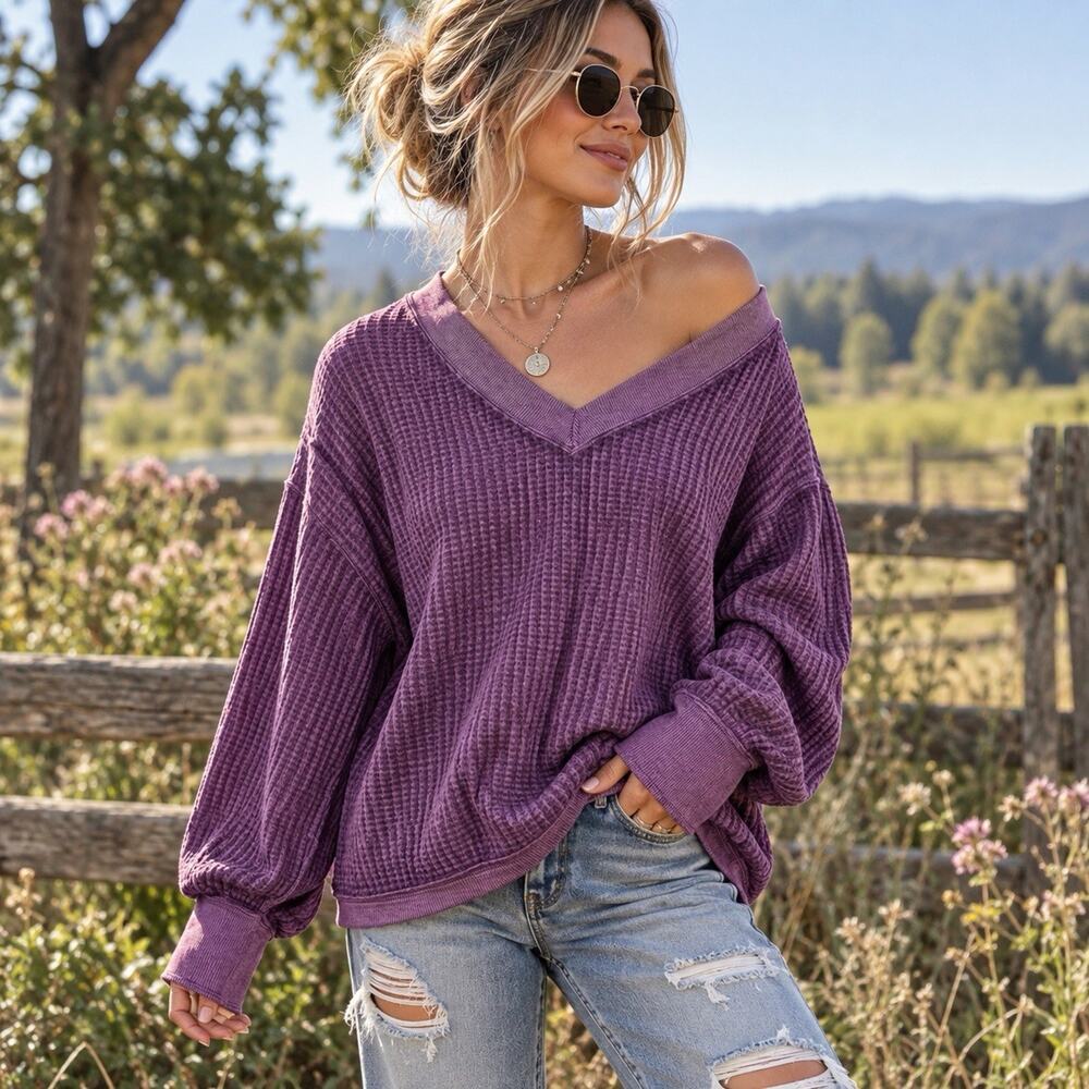 We The Free Sz M Purple Thermal Top Mineral Wash Oversized Slouchy Boho Grunge